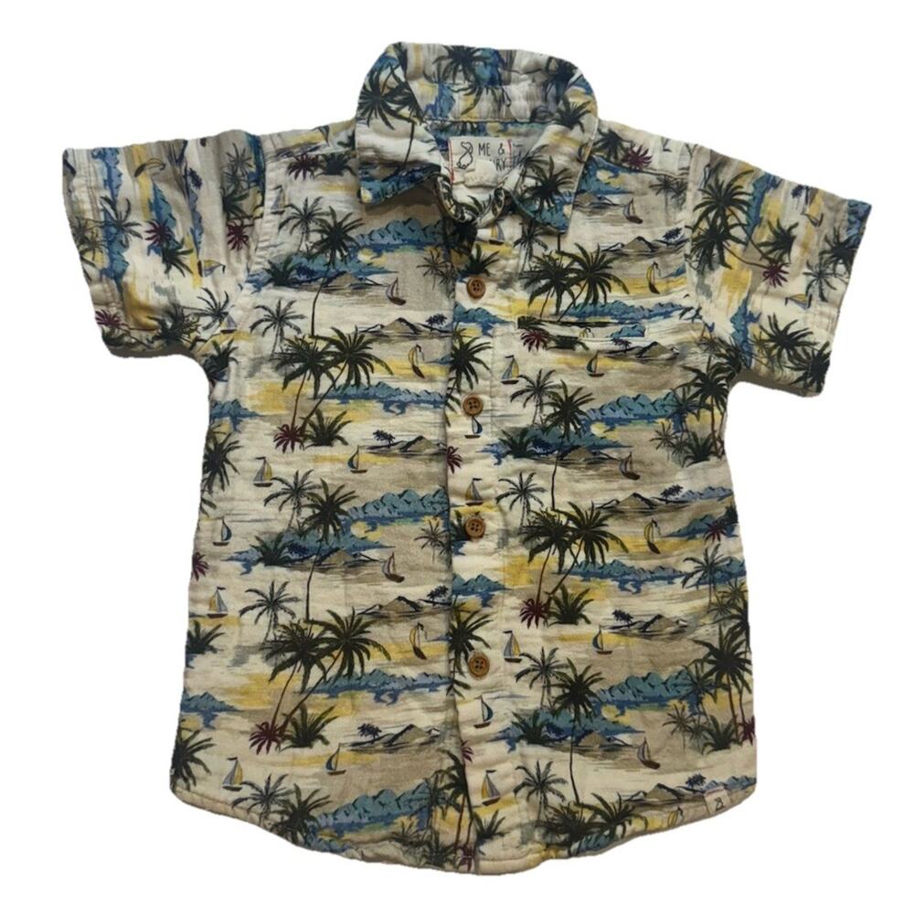 Me & Henry Boys Hawaiian Shirt 5-6Y Tropical Button Up Palm Tree Beach Cotton